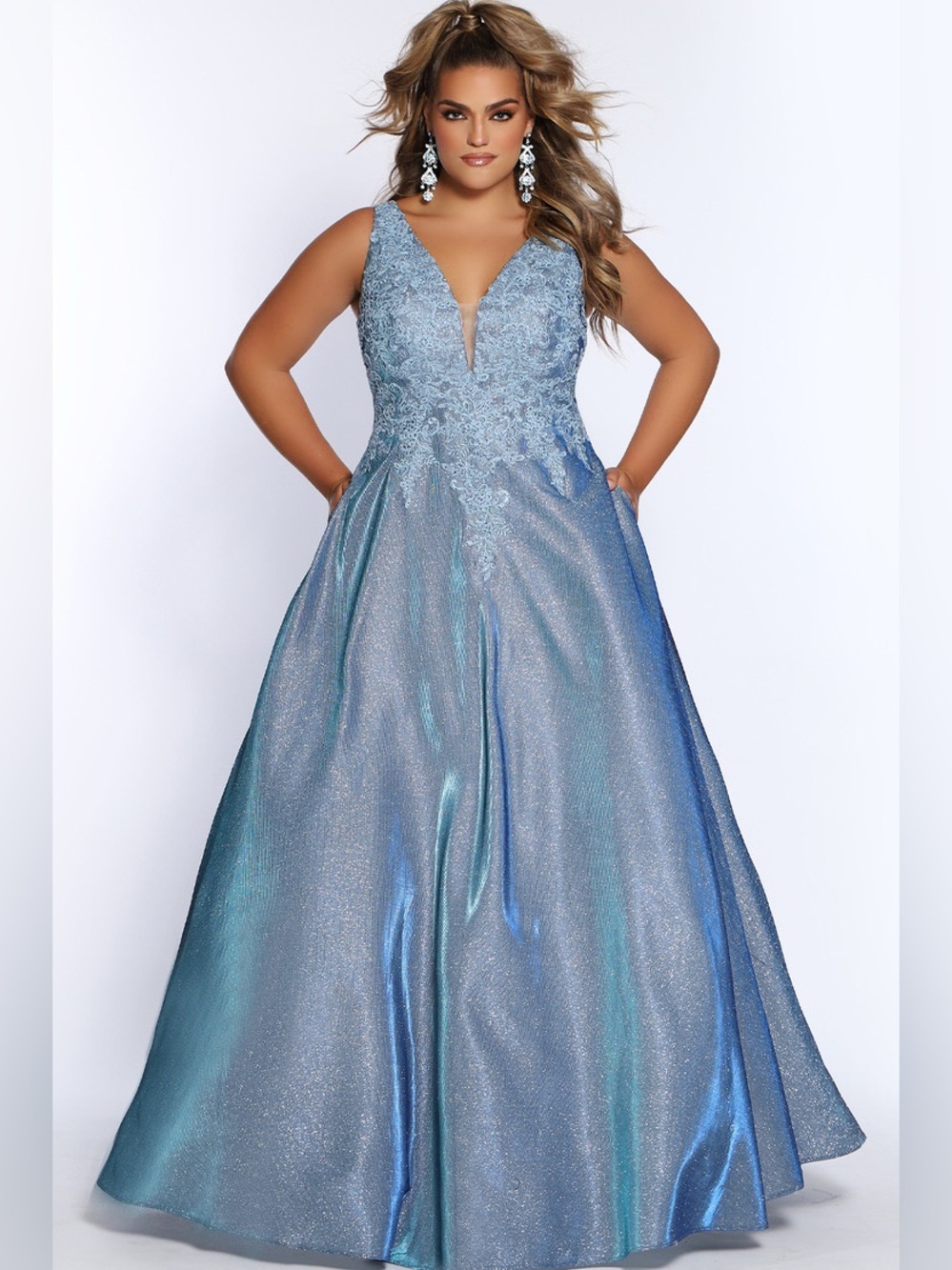 Sydneys Closet Sz 20 Formal Evening Dress Steel Blue Lace Shimmer A Line Maxi
